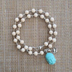 WOOD AGATE NECKLACE W/ TURQUOISE BUDDHA PENDANT